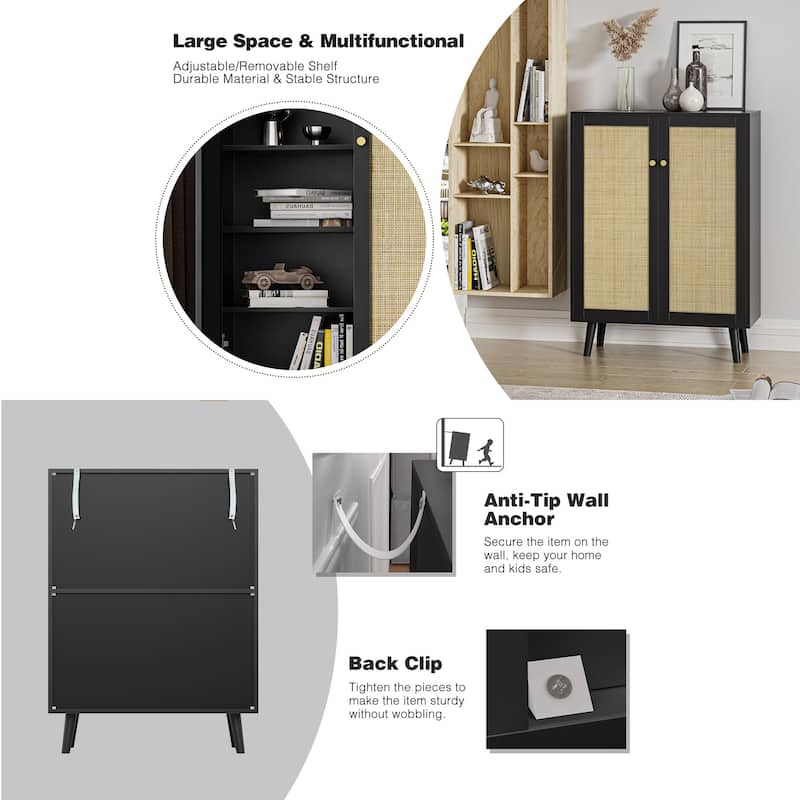 Anmytek Modern 2-Door Black Buffet Sideboard Storage Cabinet Accent Cabinet with Adjustable Shelves - 31.5"W x 13.4"D x 44"H