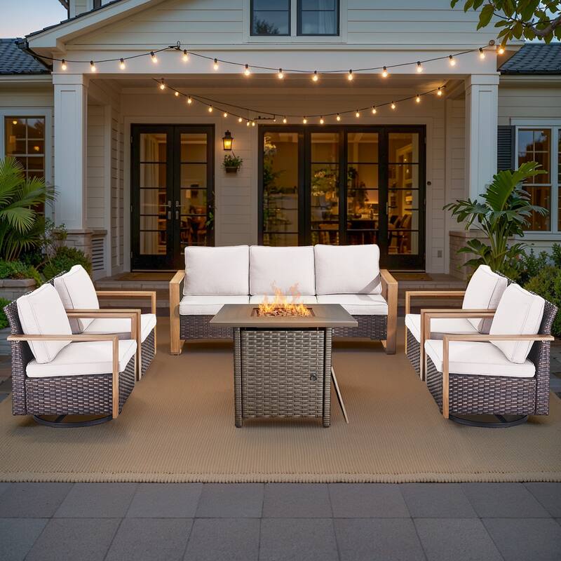Pocassy 4/6/8PCS Sofa Swivel Chair with Fire Pit Table Set - Brown Wicker Beige Cushion - 6-Piece Sofa Swivel Chair with Fire Table