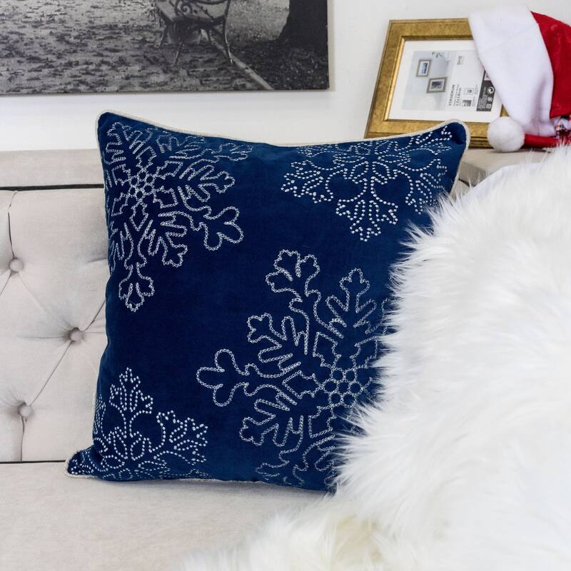 Velvet Holiday Throw Pillow 20x20 with Snowflake Embroidery and Insert