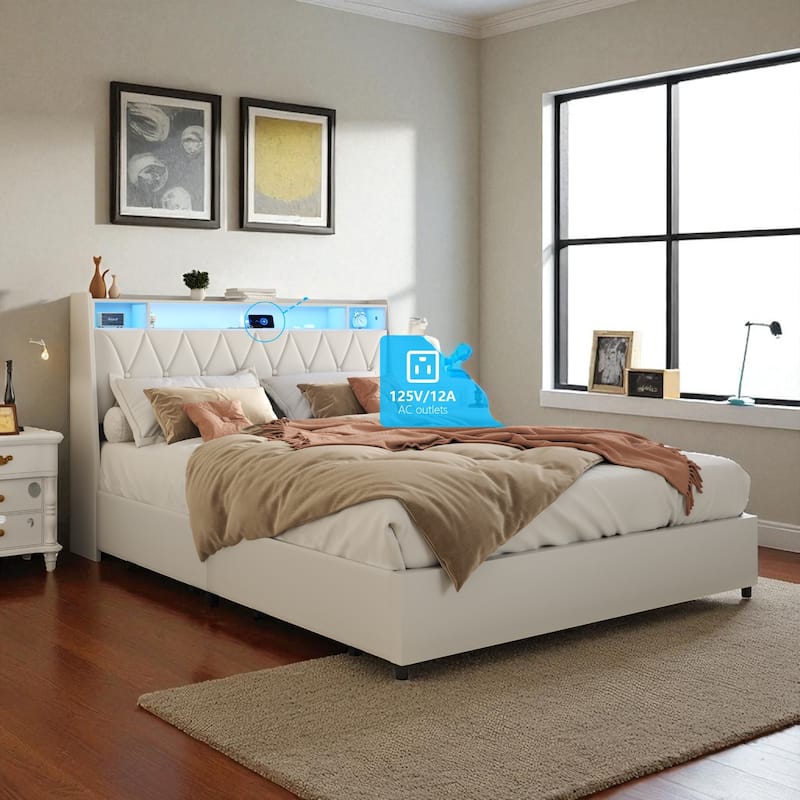 Full/Queen Size Platform Bed Frame with LED Lights, USB Ports, Outlets, Storage Shelf and Ergonomic Headboard
