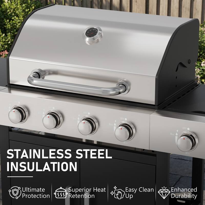 4-Burner Outdoor Gas Grill with Side Burner, 304 Stainless Steel Tabletop & Lid, Portable for Patio, Garden, Backyard