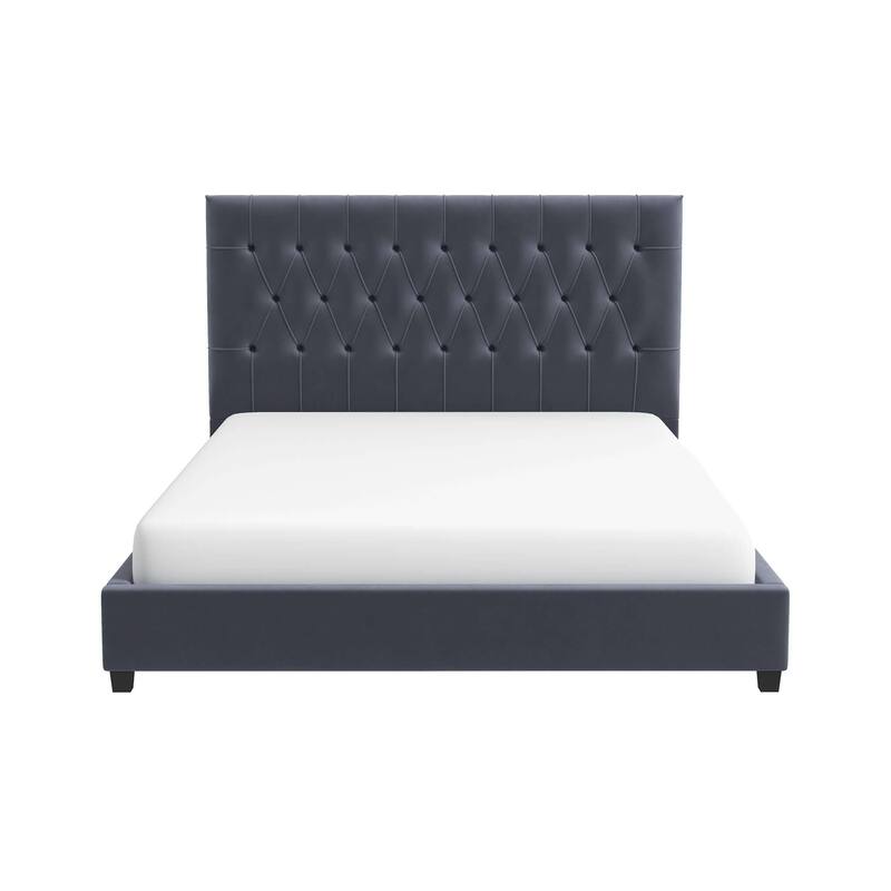 King Size Mid-Century Modern Grey Velvet Platform Bed with Elongated Tufted Headboard and Solid Wood Frame