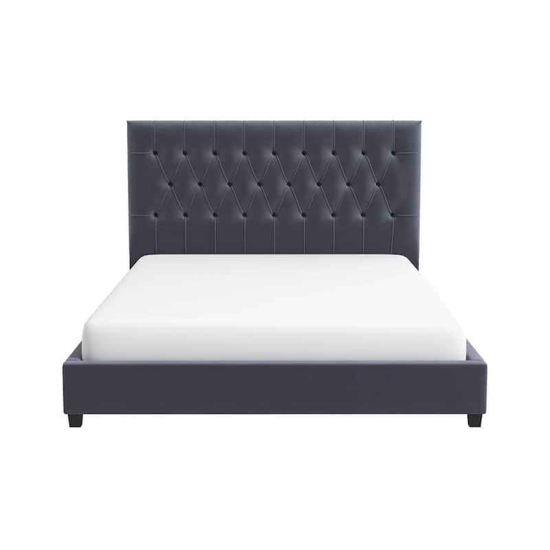 Queen Size Velvet Mid-Century Platform Bed with Tufted Headboard and Solid Wood Legs
