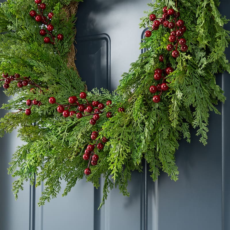 Glizthome 6FT/9FT Christmas Greenery PE Dripping Cedar Garland & 24"D Wreath with Red Berries