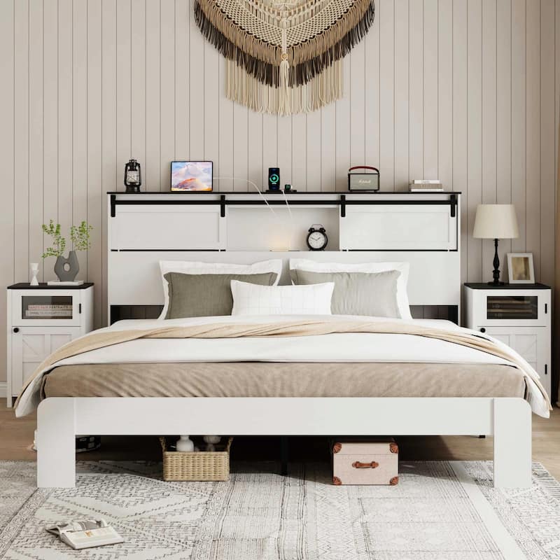King Size Metal Bed Frame with Charging Station - White