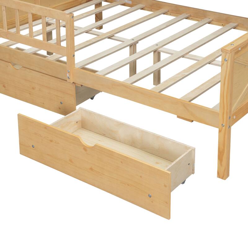 GDFStudio - Wood House Platform Bed with LED, Storage Shelves, Drawers and Guardrail