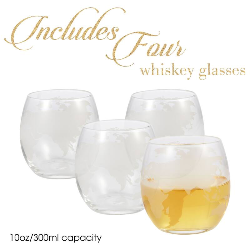 Berkware Whiskey Dispenser with Interior Hand-Crafted Ship-in-a-Bottle Design with 4 Globe Glasses