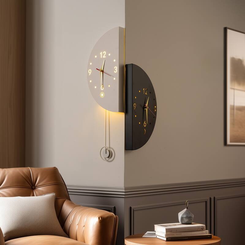 Lighted Double-Sided Corner Wall Clock - Black & White