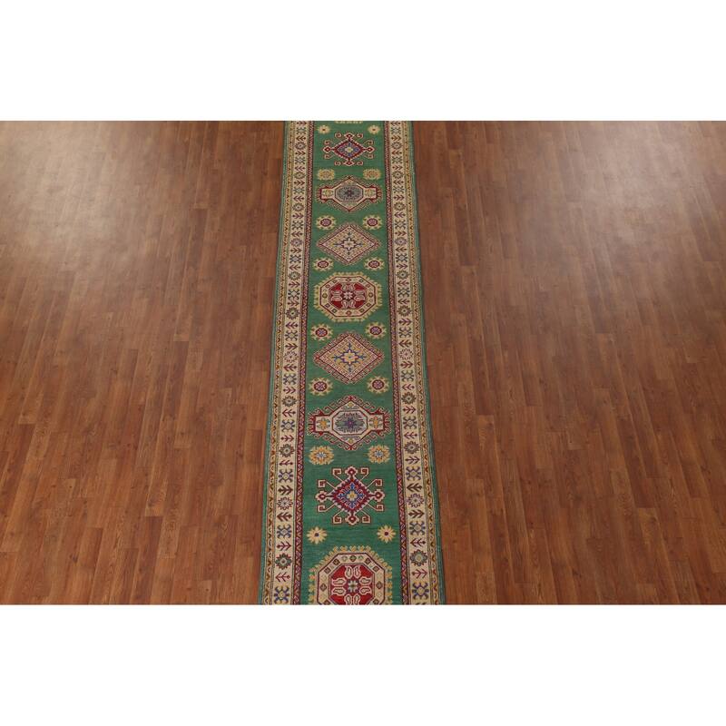 Traditional Green Kazak Runner Rug Hand-Knotted Wool Carpet - 2'8" x 16'4"