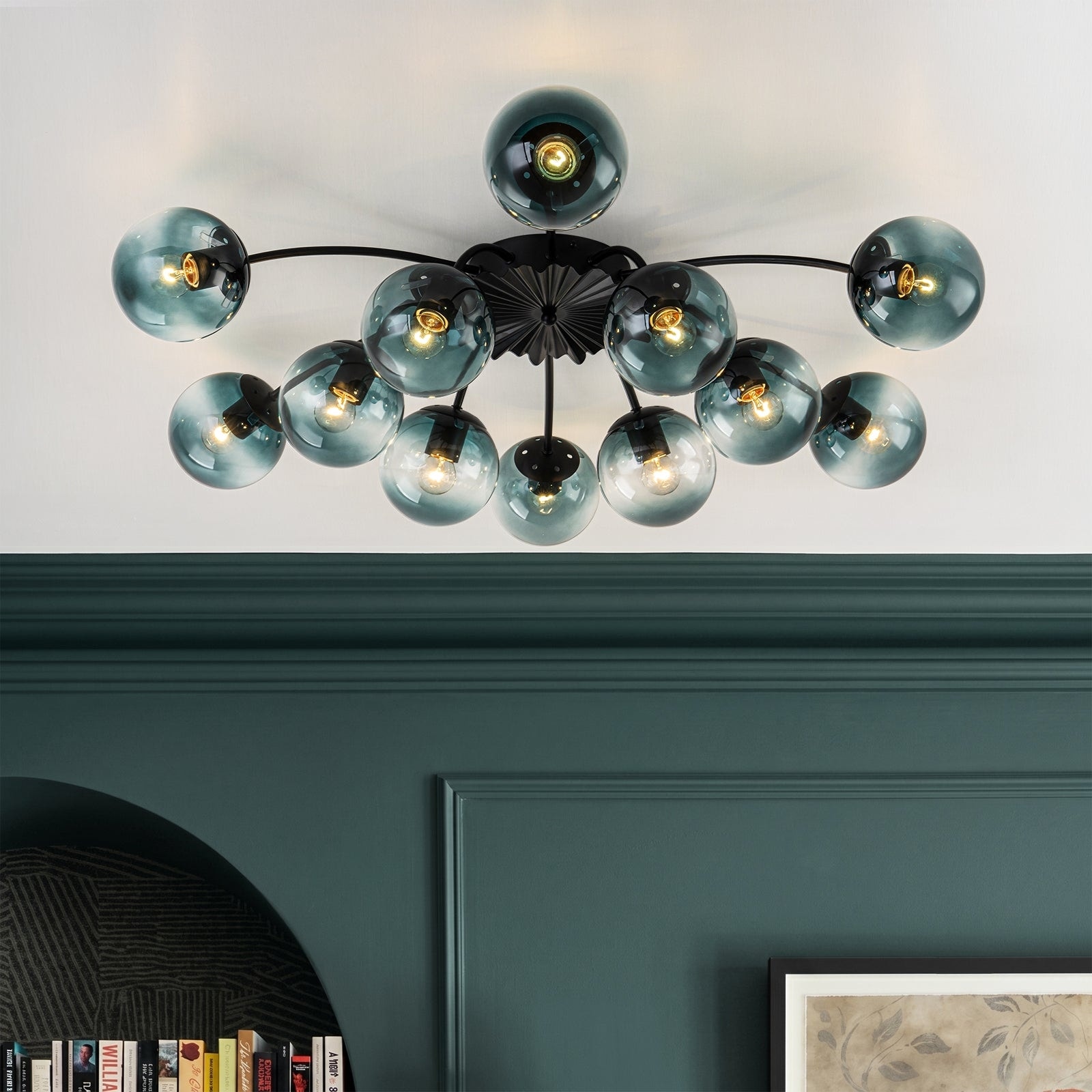 12-Light Blue Glass Globe Sputnik Bubble Ceiling Chandelier 39 in