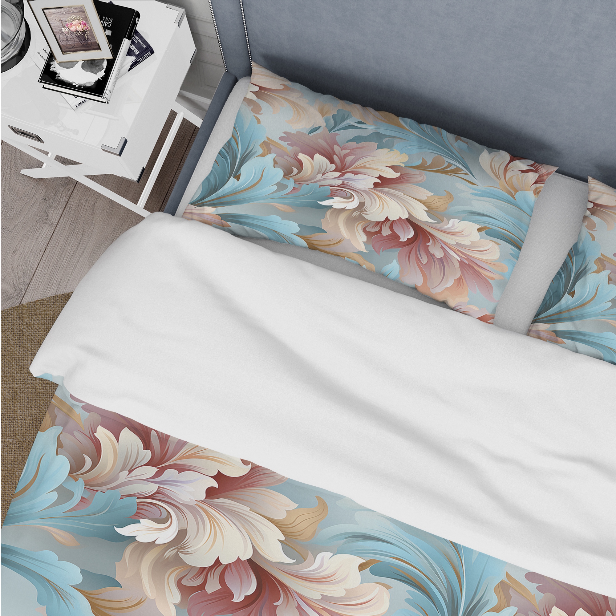 Designart Pink And Blue Damask Flowering Pink Damask bedding covert set with 2 shams Bed Bath Beyond 39492052