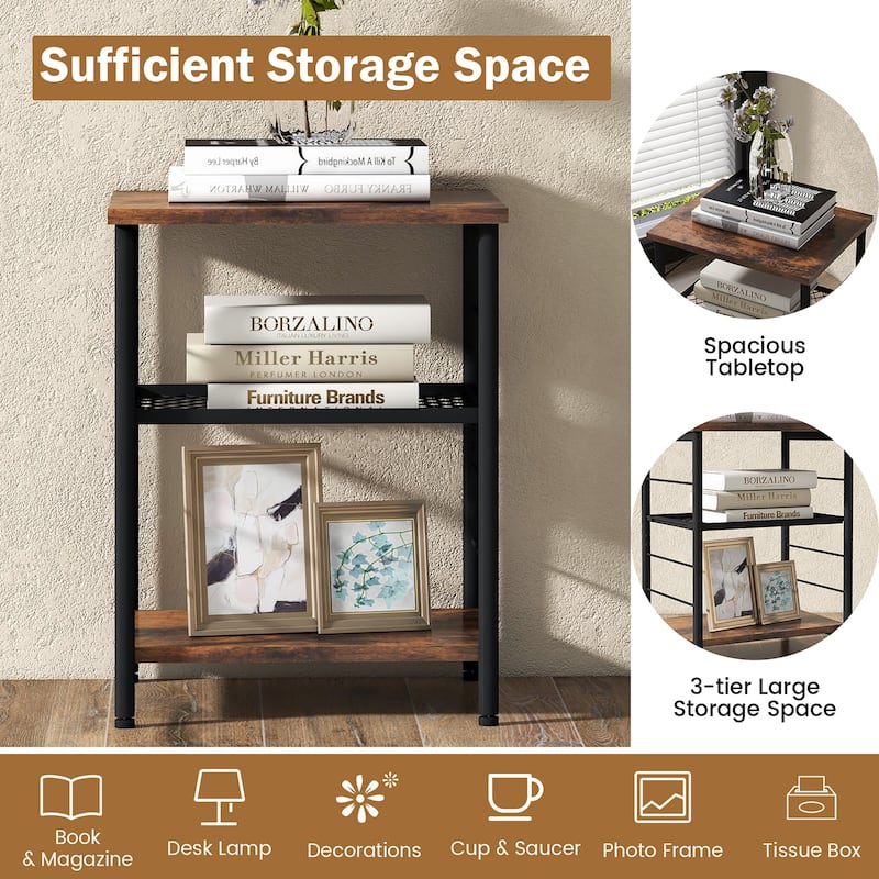 Costway 2 PCS 3-Tier Side End Table with Adjustable Mesh Shelf Narrow - 15'' x 12'' x 20'' (Lx Wx H)