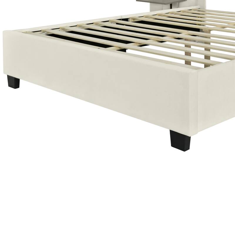 Modern Velvet Upholstered Platform Bed with Large Headboard
