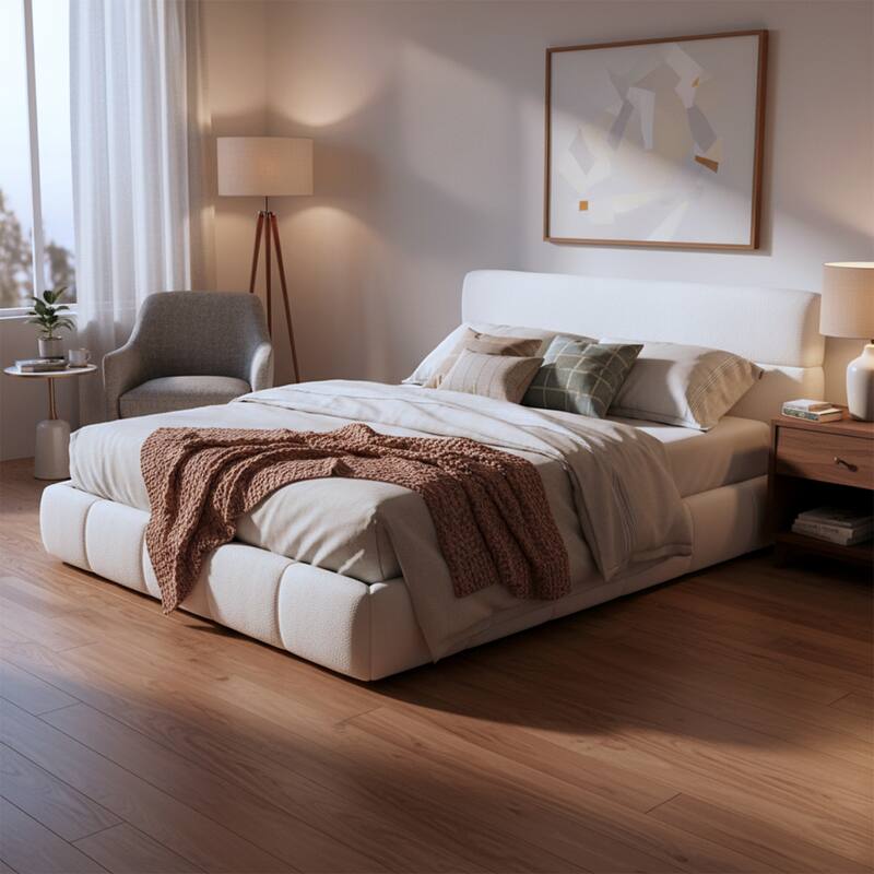 Christopher Knight Home - Sio Modern Boucle Upholstered Platform Bed Frame with Wooden Slats Support, No Box Spring Needed