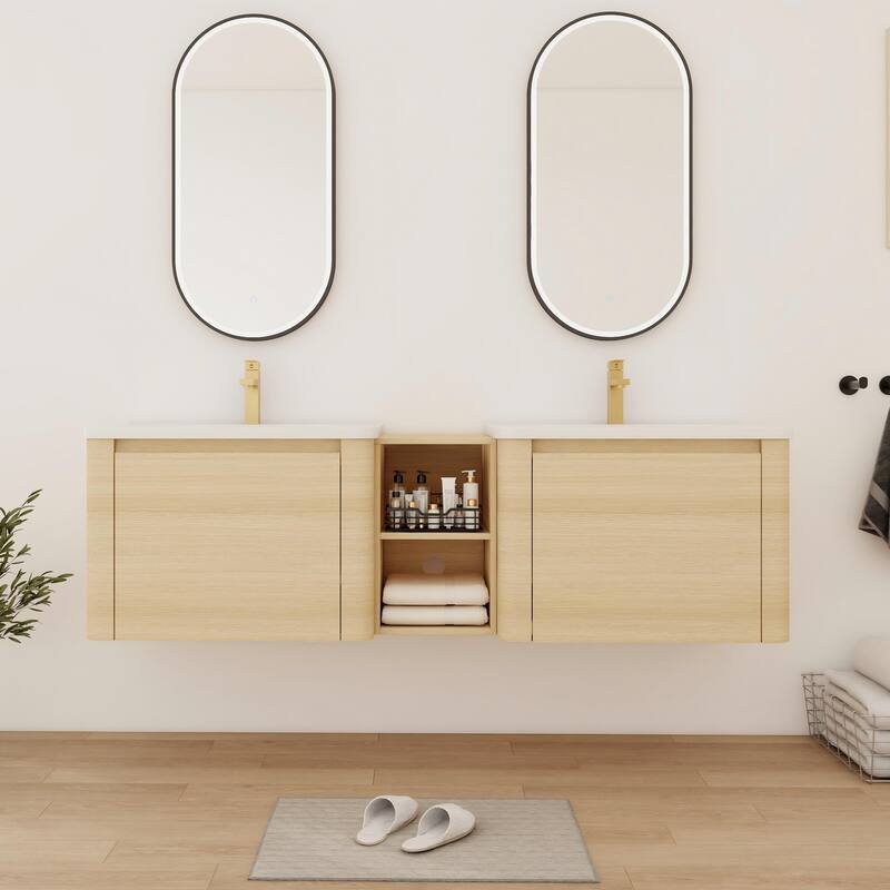 Bathroom Vanity With Sink In 24/28/36/40/60/68 Inch, Floating Bathroom Vanity With Soft Close Door - 67.7''W×18.7''D×19.9''H - Beige