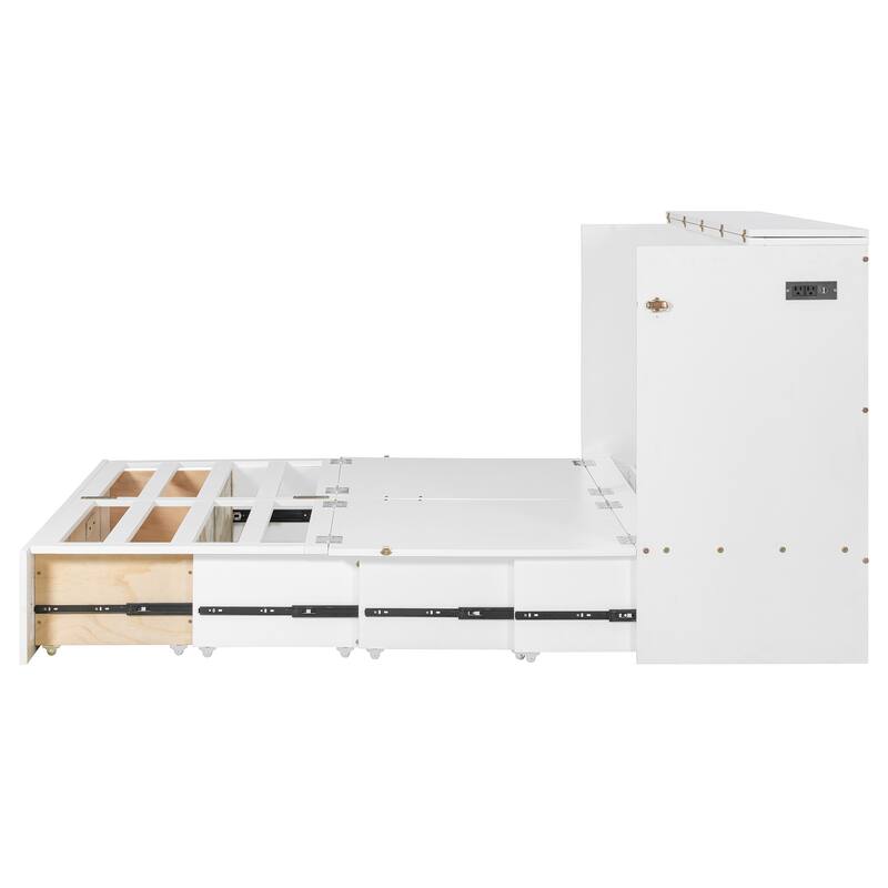 Queen Size Wall Bed with Drawers, USB Ports, and Smooth Pulley System, White