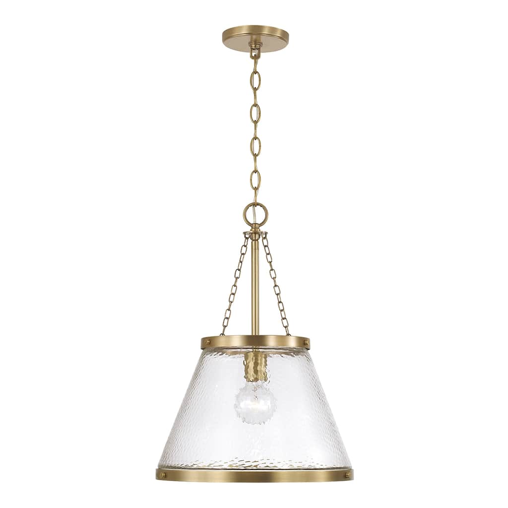 14.5" W x 20.25" H 1-Light Cone Pendant in Aged Brass with Organic Hammered Glass - 14.5"W x 20.75"H