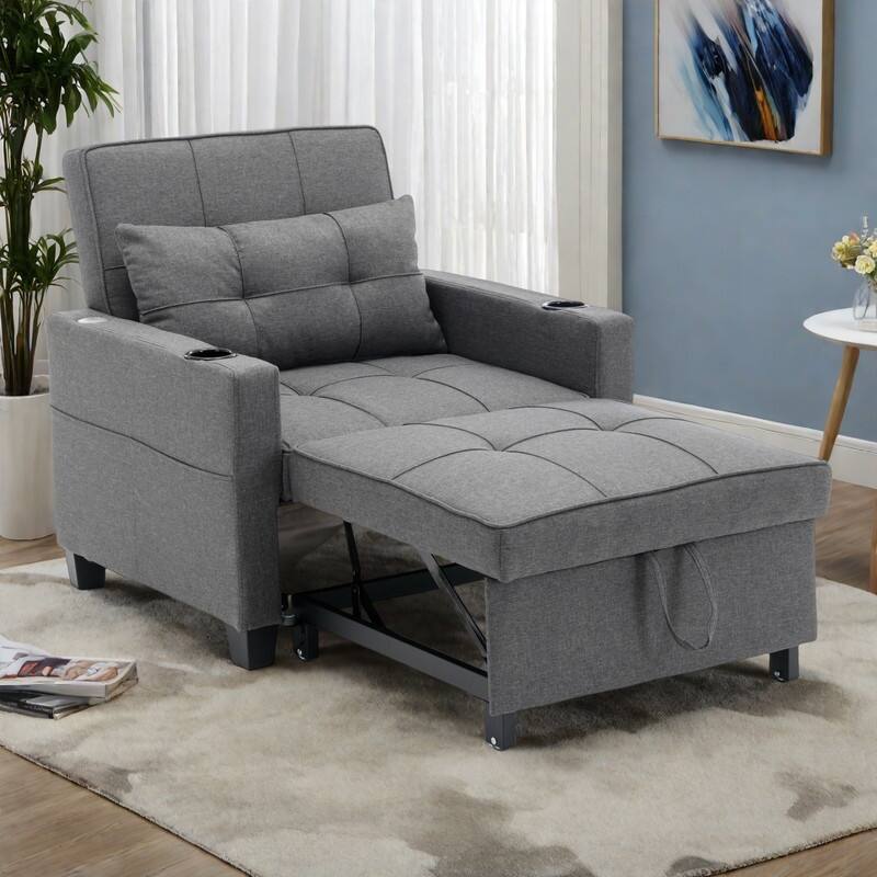 Linen Convertible Futon Armchair Bed with USB Ports, Adjustable Backrest and 3-in-1 Functionality - DARK GREY