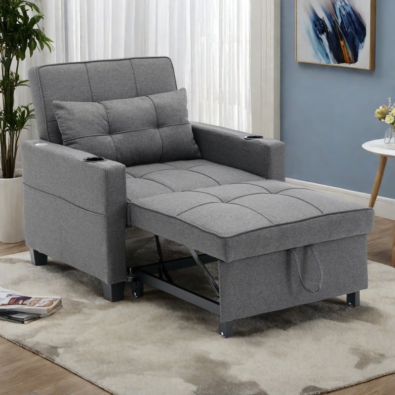 Linen Convertible Futon Armchair Bed with USB Ports, Adjustable Backrest and 3-in-1 Functionality