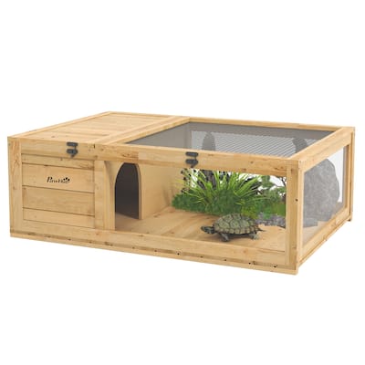 PawHut Wooden Tortoise House Indoor Turtle Habitat Enclosure Outdoor Reptile Cage for Lizards, Geckos, Yellow