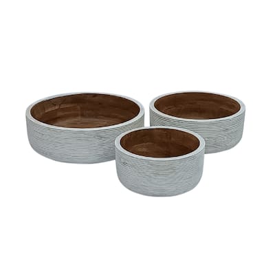Set of 3 Wooden Round Bowls with Ribs White & Natural Dia 12" -ST - White & Wood - White & Wood