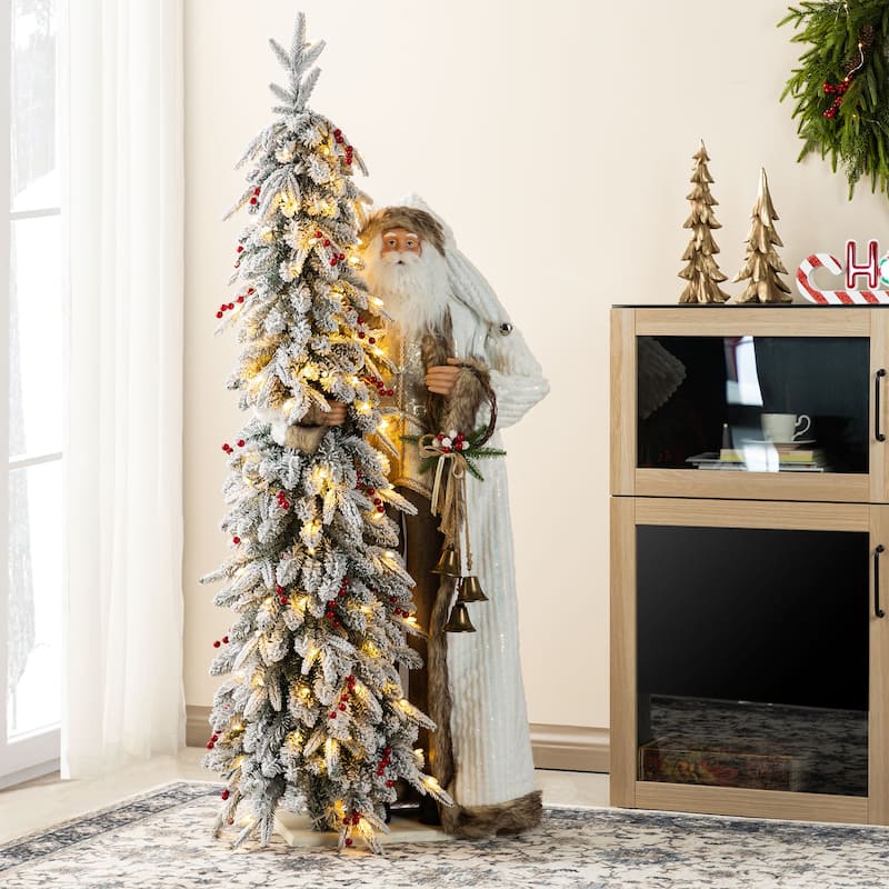 Glitzhome 4ft Oversized Christmas Woodland Santa with 5ft Pre-Lit Flocked Artificial Christmas