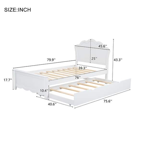 Wood Platform Bed with Flower Shape Headboard & Trundle Bed, White