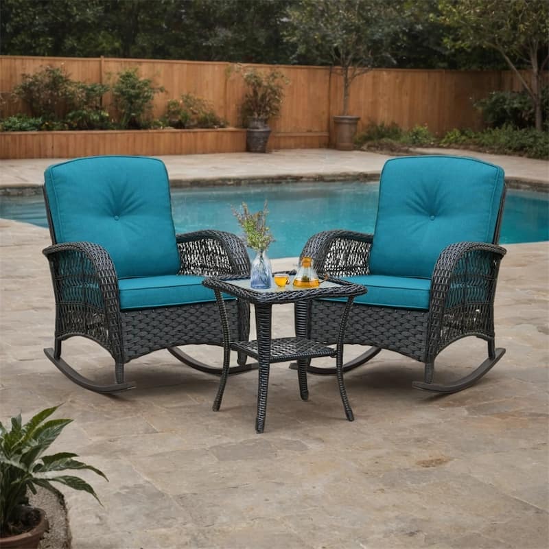 3Pcs Outdoor Patio Wicker Rocking Porch Chair with Waterproof Cushions