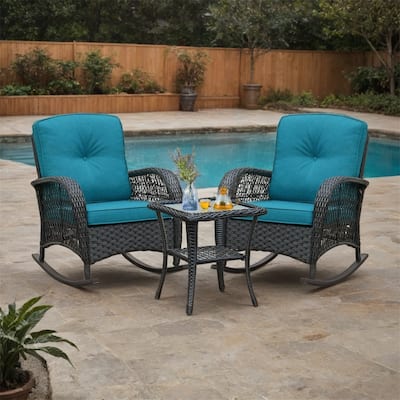 3Pcs Outdoor Patio Wicker Rocking Porch Chair with Waterproof Cushions
