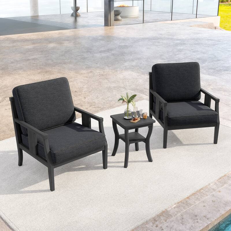 3-Piece Teak Wood Outdoor Armchair Set with Side Table, Cushions, Patio Seating Sets