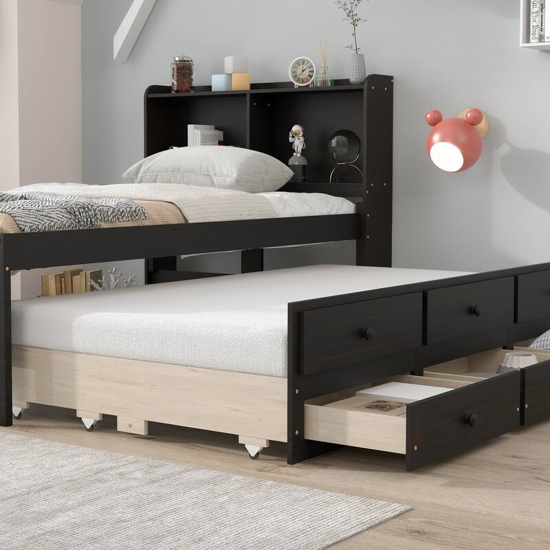 Platform Bed With Bookcase, Trundle, Drawers