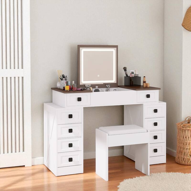 Vanity Desk with Flip-Up Mirror, 10 Drawers & Dimmable LED Lights, Makeup Table Set with Stool