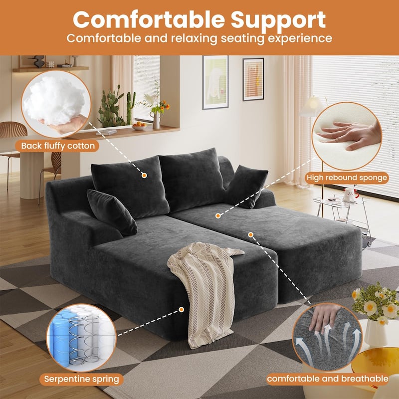 Velvet Dual Chaise Sofa Bed, Sleeper Sofa with Thicked Cushions and Throw Pillows, Deep Seat Lounge Loveseat Sofa - Black