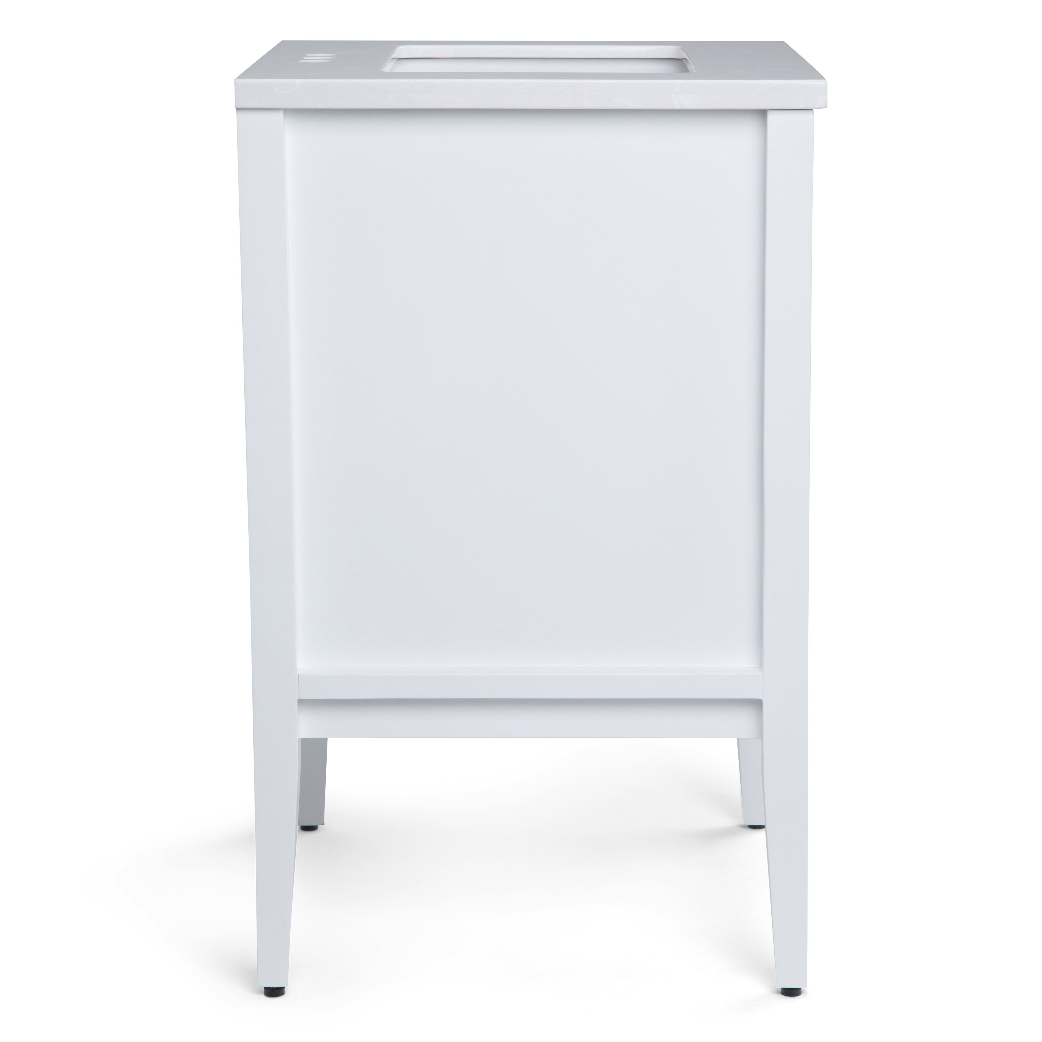Full view of a white modern bathroom vanity with a sink and drawers.