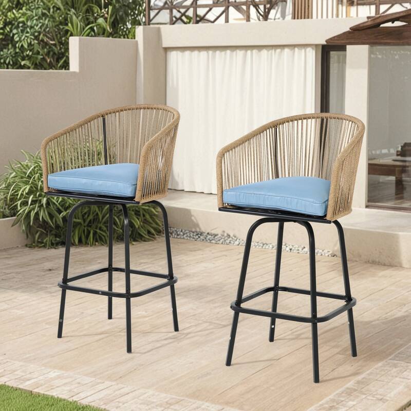 Outdoor Bar Stools Set of 2, 2-Piece Patio Bar Stools with Armrests, All Weather Rattan Bar Chairs with Backrest, Bar Stools