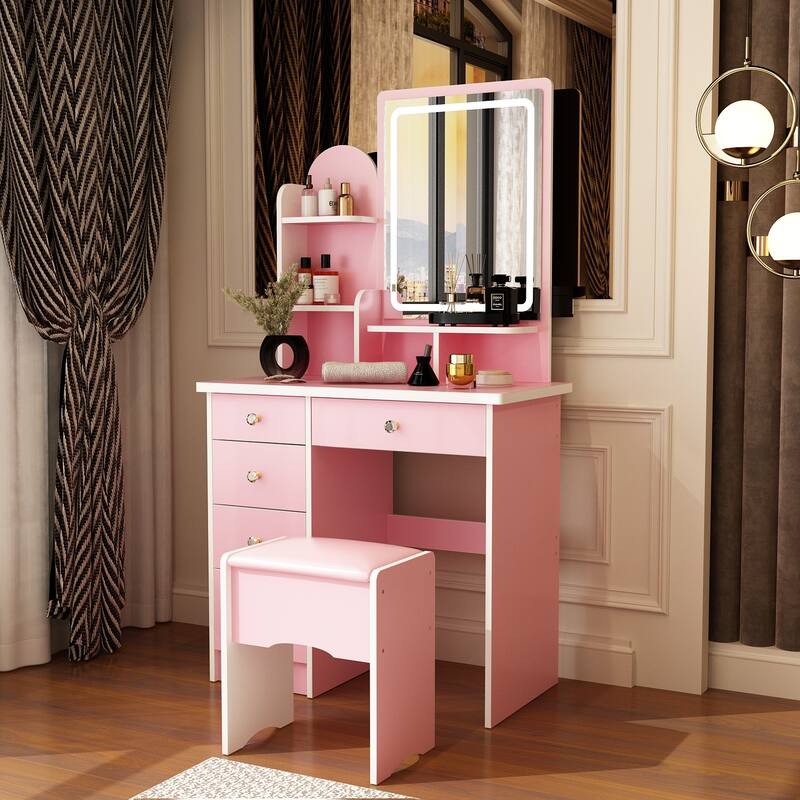 Vanity Desk with LED Lighted Mirror, Makeup Vanity Table with Drawers, Shelves and Stool