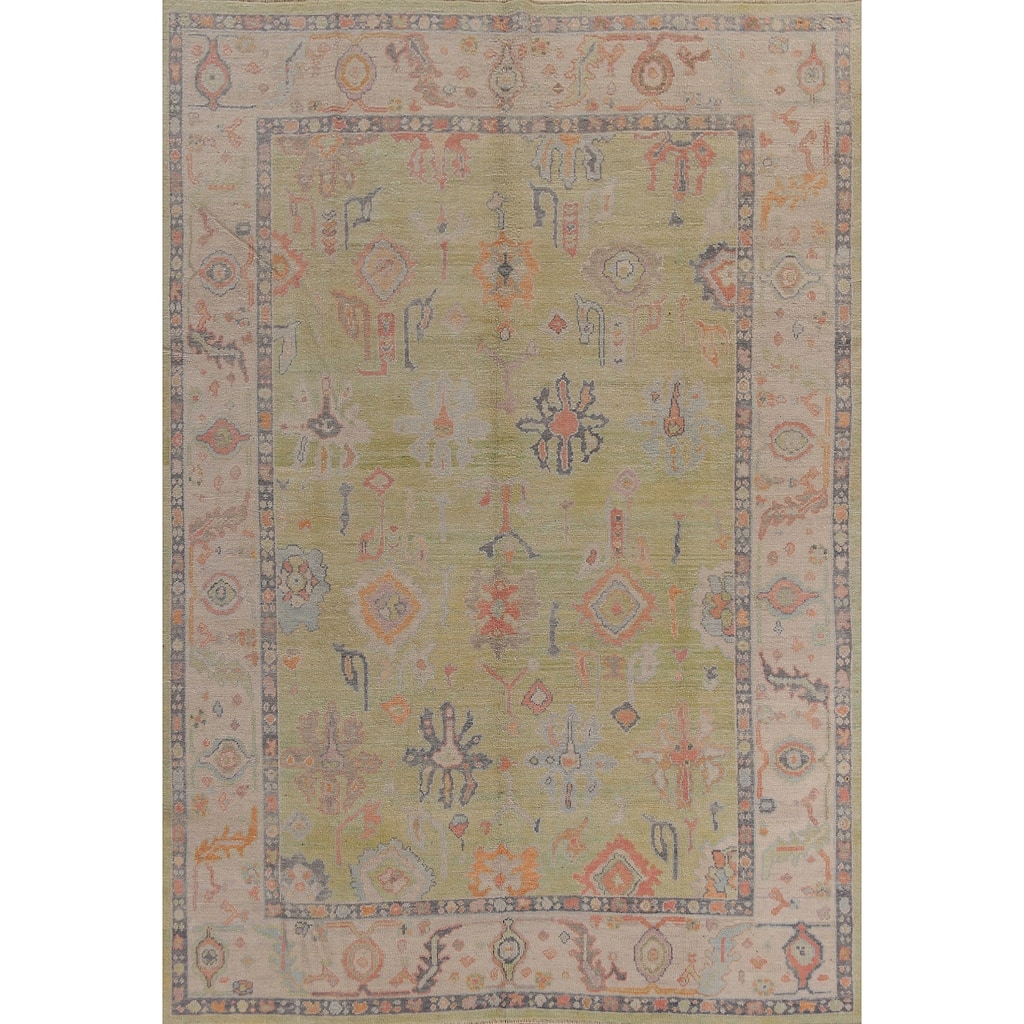 Hand Knotted Oriental 100% Wool Carpet Transitional All-Over Green Oushak Area Rug - 12' 5'' X 8' 10''