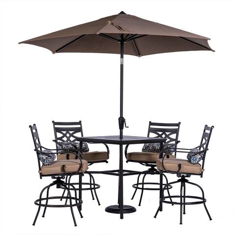 Hanover Montclair 5-Piece High-Dining Set in Tan with 4 Swivel Chairs, 33-In. Counter-Height Dining Table and 9-Ft. Umbrella