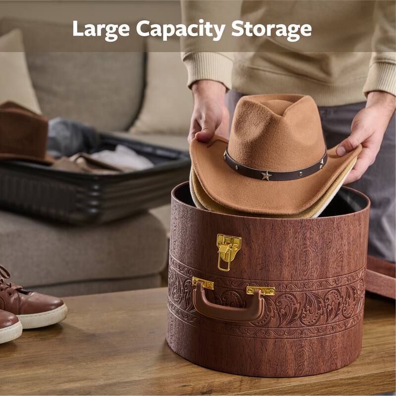 Creative Scents Cowboy Round Hat Box Storage With Gold Locking Lid