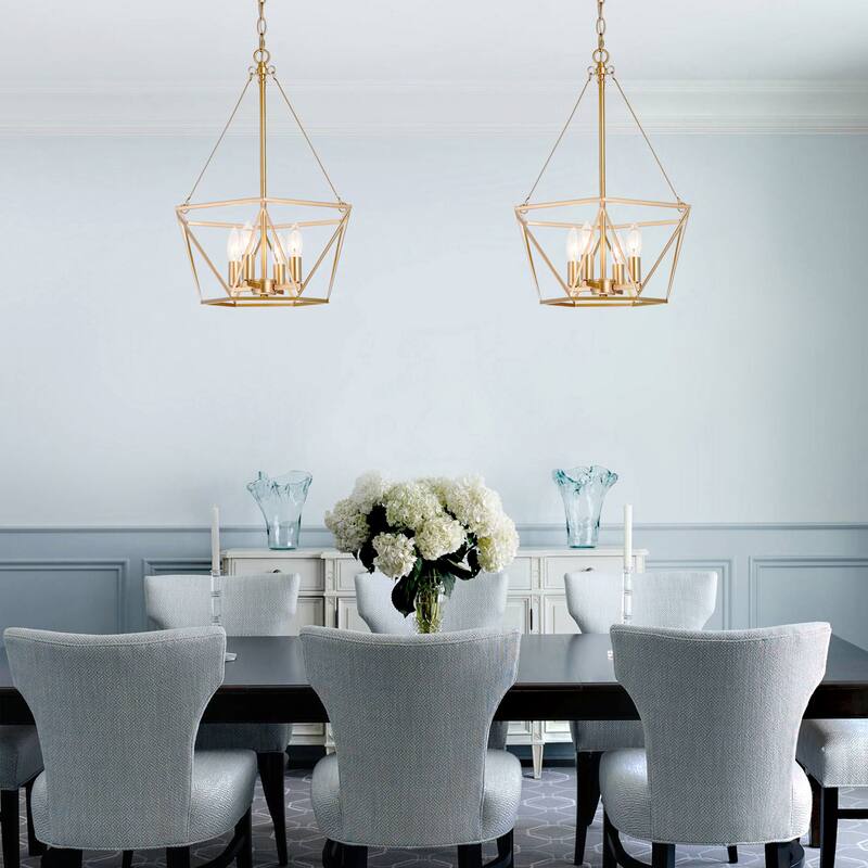 Mid-century Modern 4-light Gold Lantern Chandelier Cage Ceiling Lights for Dining Room - D15.5'' x H81.5'' - D15.5'' x H81.5'' - Gold