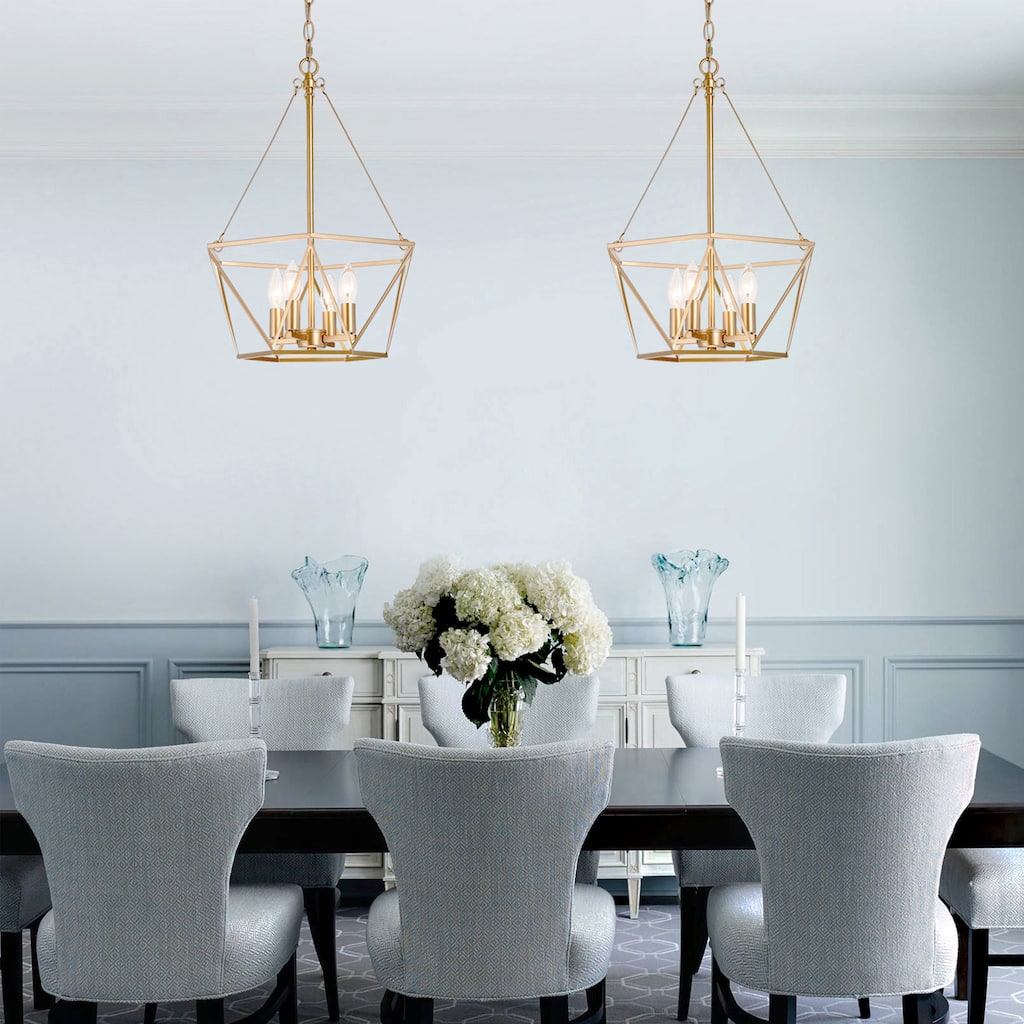 Mid-century Modern 4-light Gold Lantern Chandelier Cage Ceiling Lights for Dining Room - D15.5'' x H81.5''