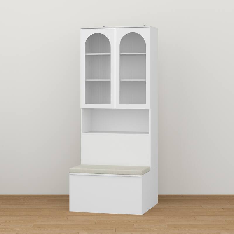 Entryway Cabinet Tempered Glass DoorsStorage Bench with Cushion, Modern Mudroom Hall Tree Organizer with Hidden Storage