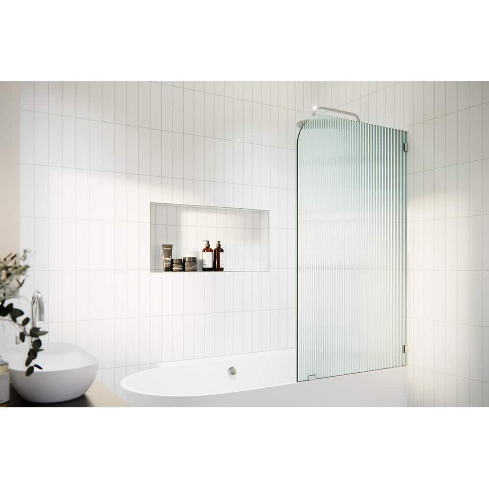 Aurora 58.25" x 34" Frameless Bath Shower Door - Single Fixed Panel Fluted Frosted Radius Right Hand