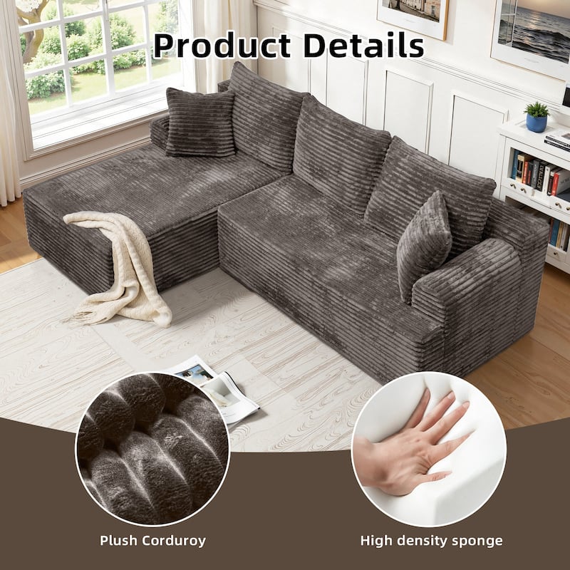 L-Shaped Corner Sectional Sofa Set with Side Chaise Lounge, Soft Foam Cushion Modular Sofa Corduroy Leisure Couch - khaki - Right Facing