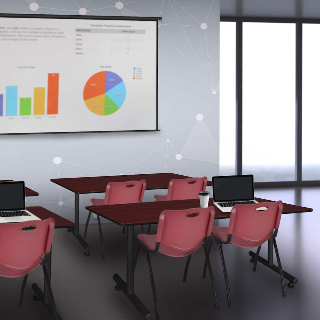 66" x 30" Training Table- Mahogany and 2 "M" Stack Chairs- Burgundy - 66" x 30"