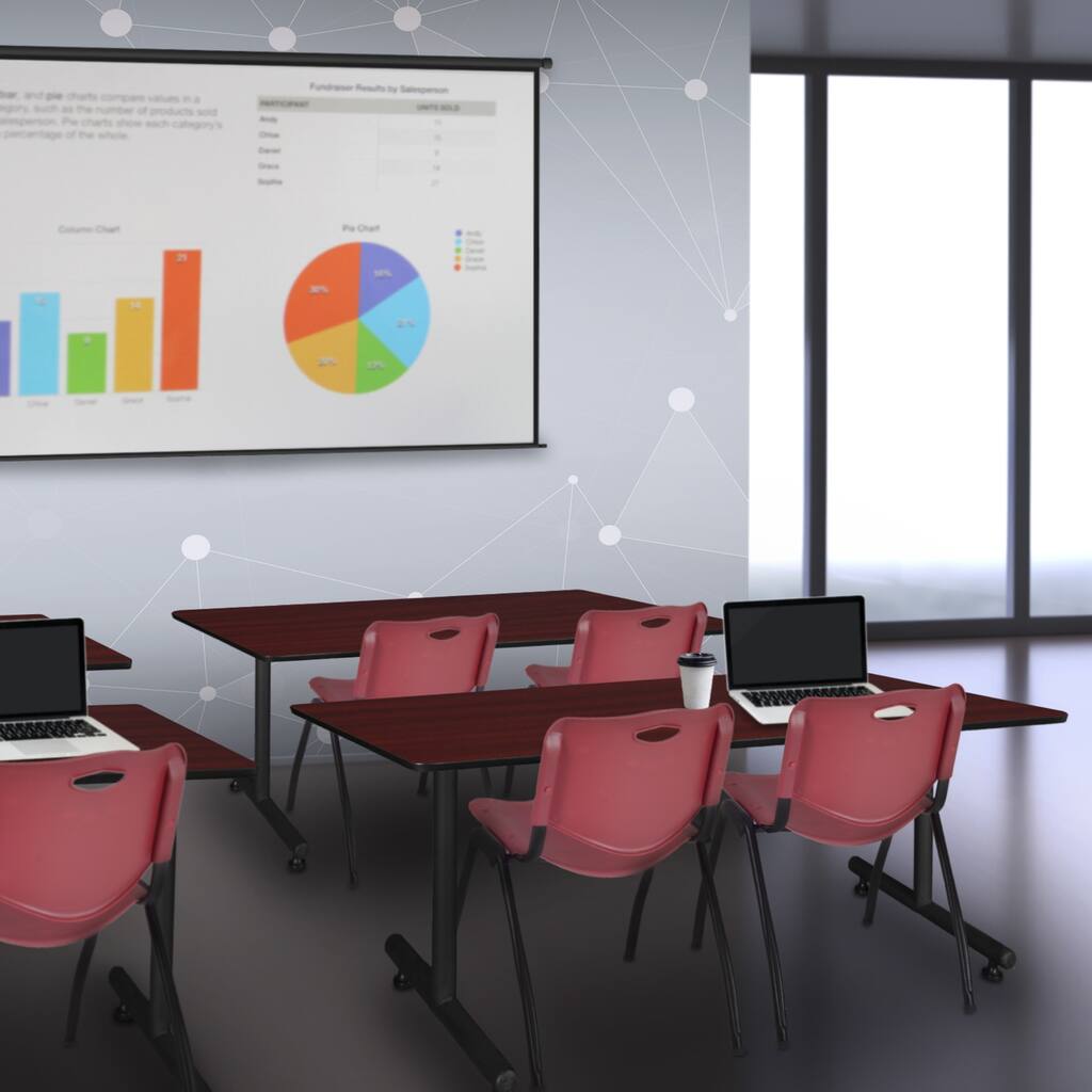 72" x 30" Training Table- Mahogany and 2 "M" Stack Chairs- Burgundy - 72" x 30"