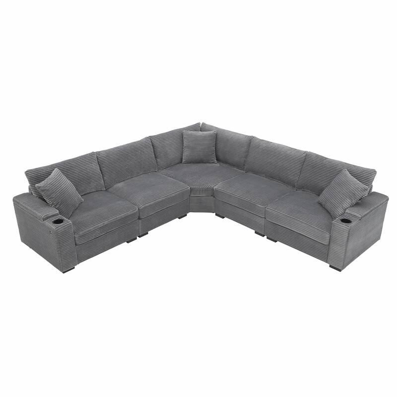 Roomfitters 106'' Convertible L-Shaped Sectional Sofa, Corduroy Corner Couch with Armrest Storage, Cup Holders, USB Charger