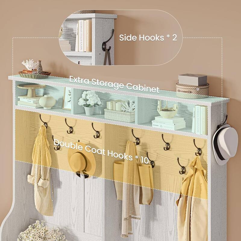 Hall Tree w/ Bench Shoe Storage Shoe Cubby Barn Door Adjustable Shelf