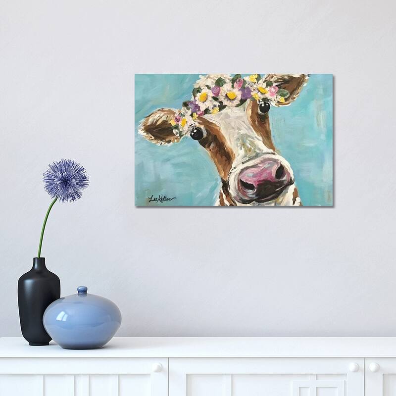 iCanvas "Cow With Flower Crown On Turquoise" by Hippie Hound Studios Canvas Print - 12x18x1.5