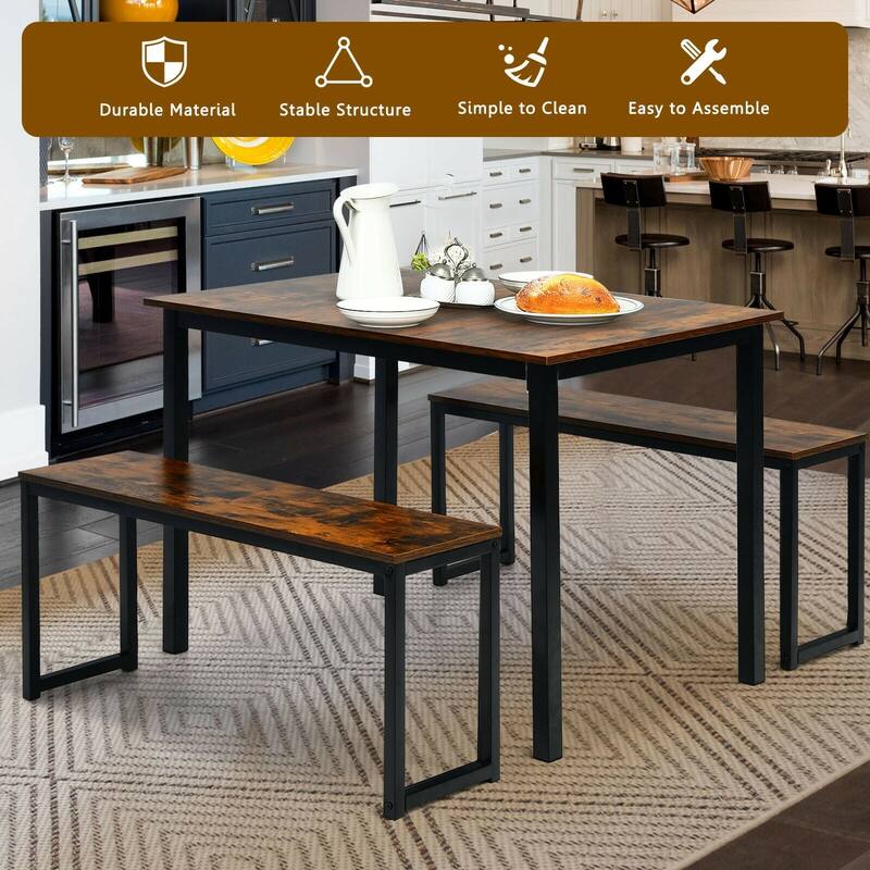 Space-Saving Dining Table Set with 2 Benches and Floor Protection Ideal for Home and Hotels
